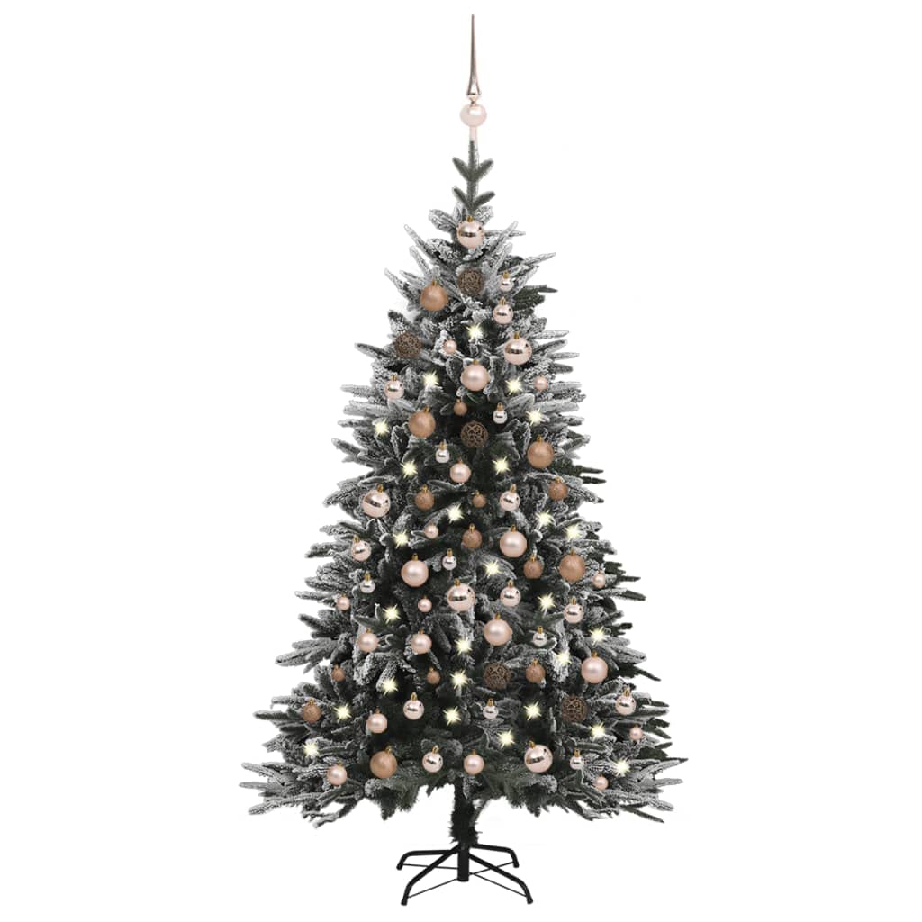 vidaXL Pre-Lit Artificial Christmas Tree with Snow Flocking, Rose Gold Ornaments & Steel Stand - Green White and Rose PVC&PE Indoor Holiday Décor