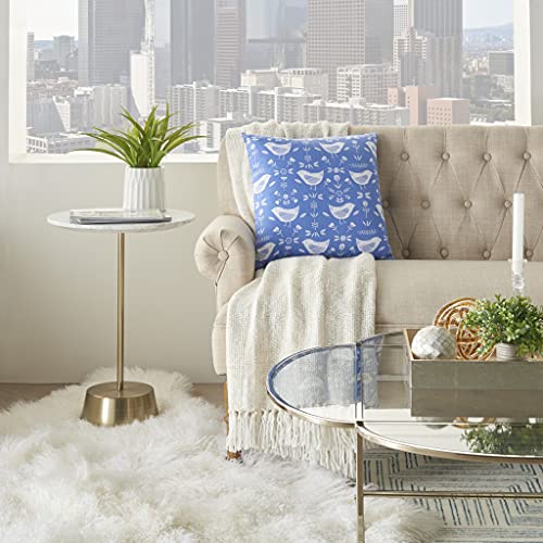 HomeRoots 100% Cotton Blue and Ivory Birds and Buds Throw Pillow