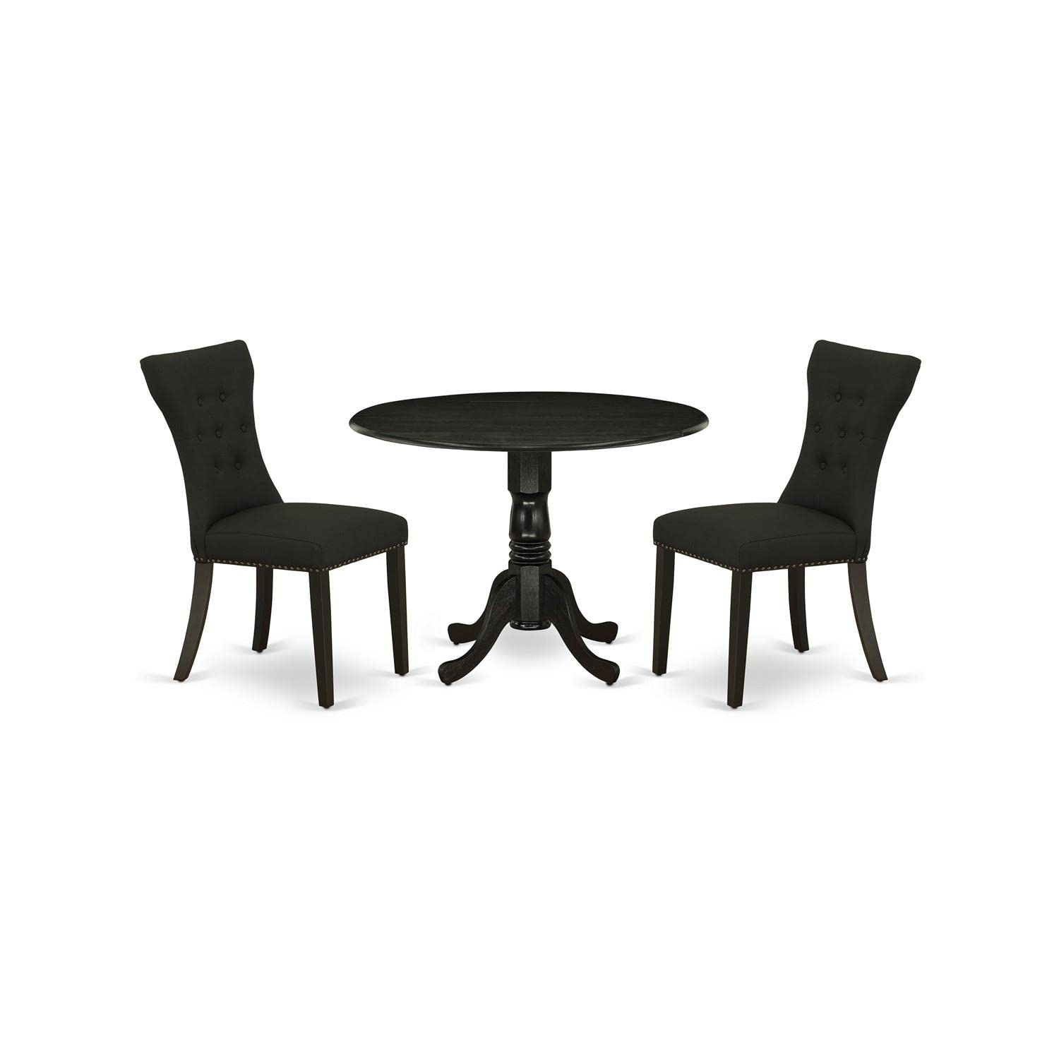 East West Furniture Dlga3-Abk-24 3 Piece Dinette Set For Small Spaces Contains A Round Dining Table With Dropleaf And 2 Black Linen Fabric Upholstered Chairs, 42X42 Inch, Wirebrushed Black