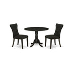 East West Furniture Dlga3-Abk-24 3 Piece Dinette Set For Small Spaces Contains A Round Dining Table With Dropleaf And 2 Black Linen Fabric Upholstered Chairs, 42X42 Inch, Wirebrushed Black