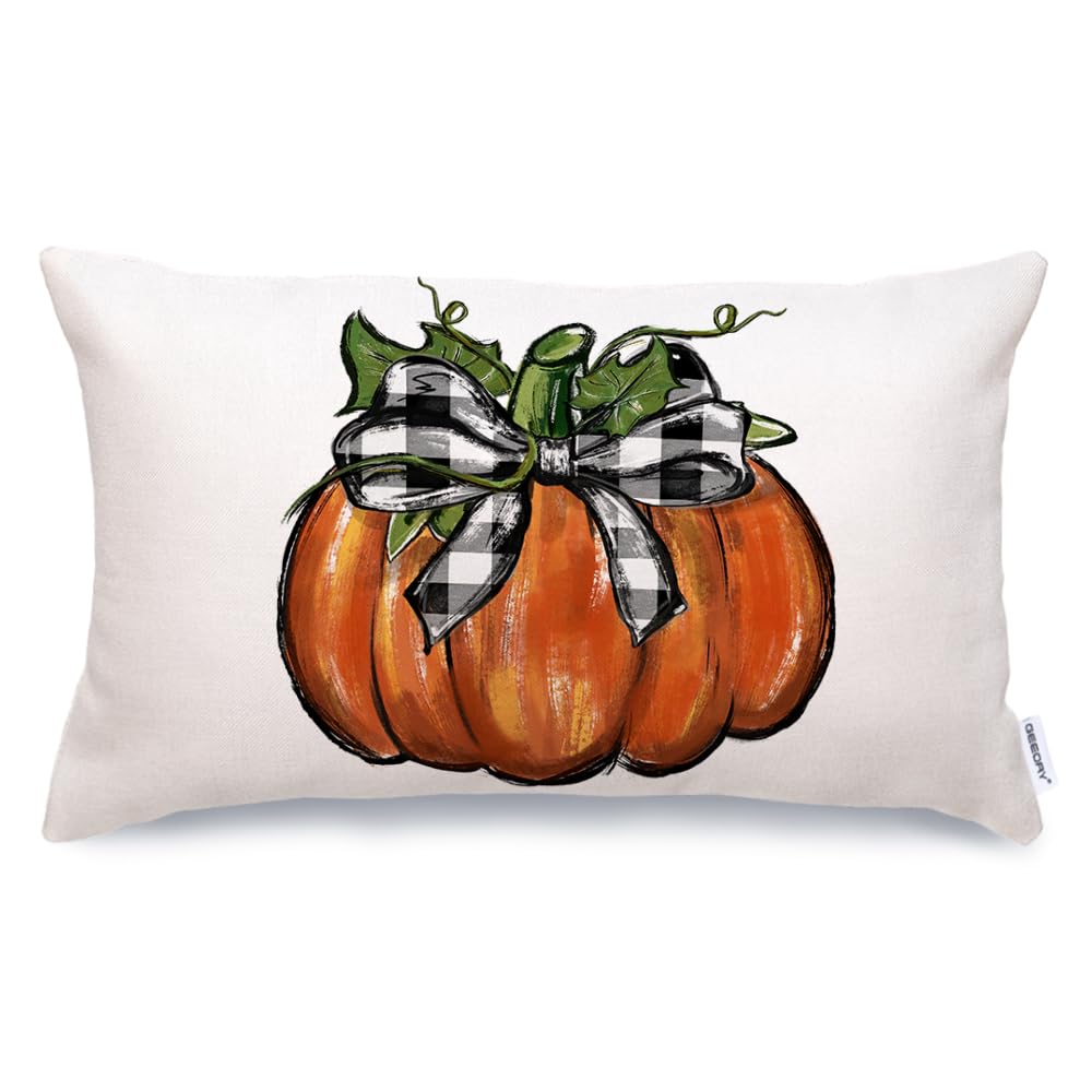 Geeory Fall Pillow Cover 12X20 Inch Pumpkin With Buffalo Plaid Bow Decor Autumn Home Farmhouse Thanksgiving Cushion Case For Sof