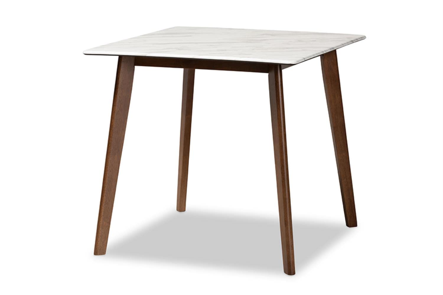 Baxton Studio Reba Mid-Century Modern Light Grey Fabric Upholstered and Walnut Brown Finished Wood 5-Piece Dining Set with Faux Marble Dining Table