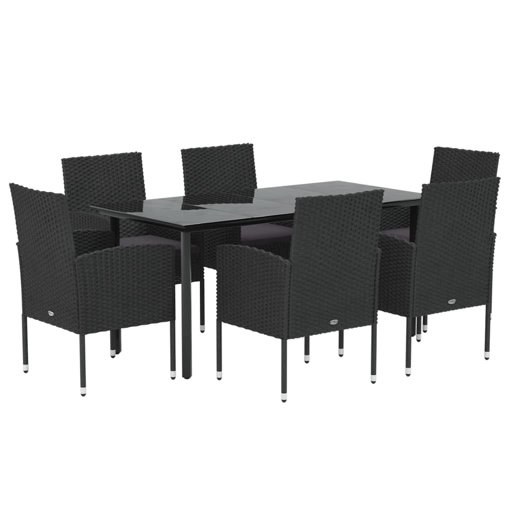 vidaXL 5 Piece Patio Dining Set with Black Poly Rattan Chairs and Tempered Glass Tabletop - Comfortable Design with Cushions for Outdoor Dining and Lounging