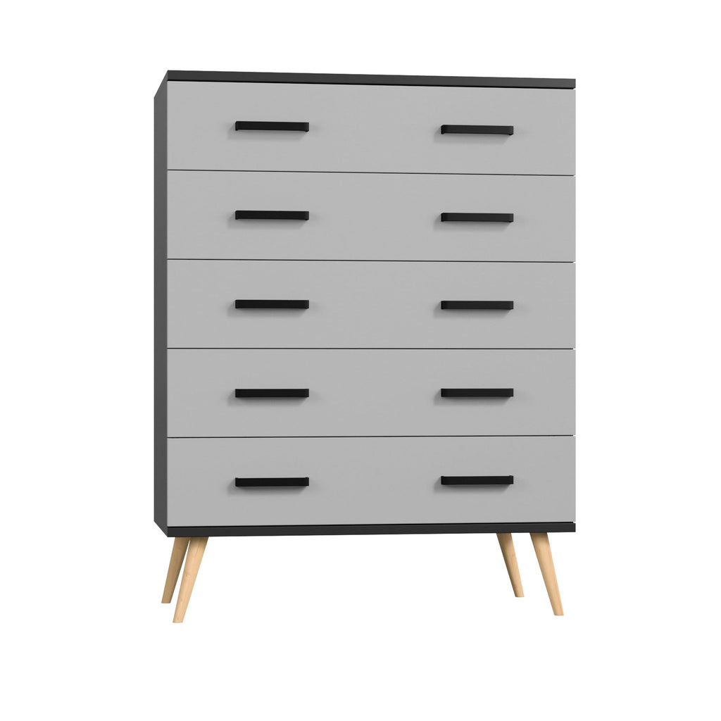 Woodpeckers Furniture And Mattress Eli Mid-Century Modern 5 Drawer Chest (Black & Light Gray)