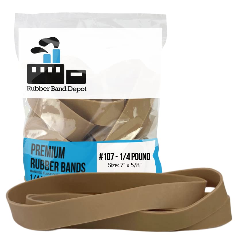 Rubber Band Depot Thick Rubber Bands - 7' X 5/8', Bands, Size #107, Approximately 10 Per Bag, Band Measurements: 5/8' 1/4 Pou