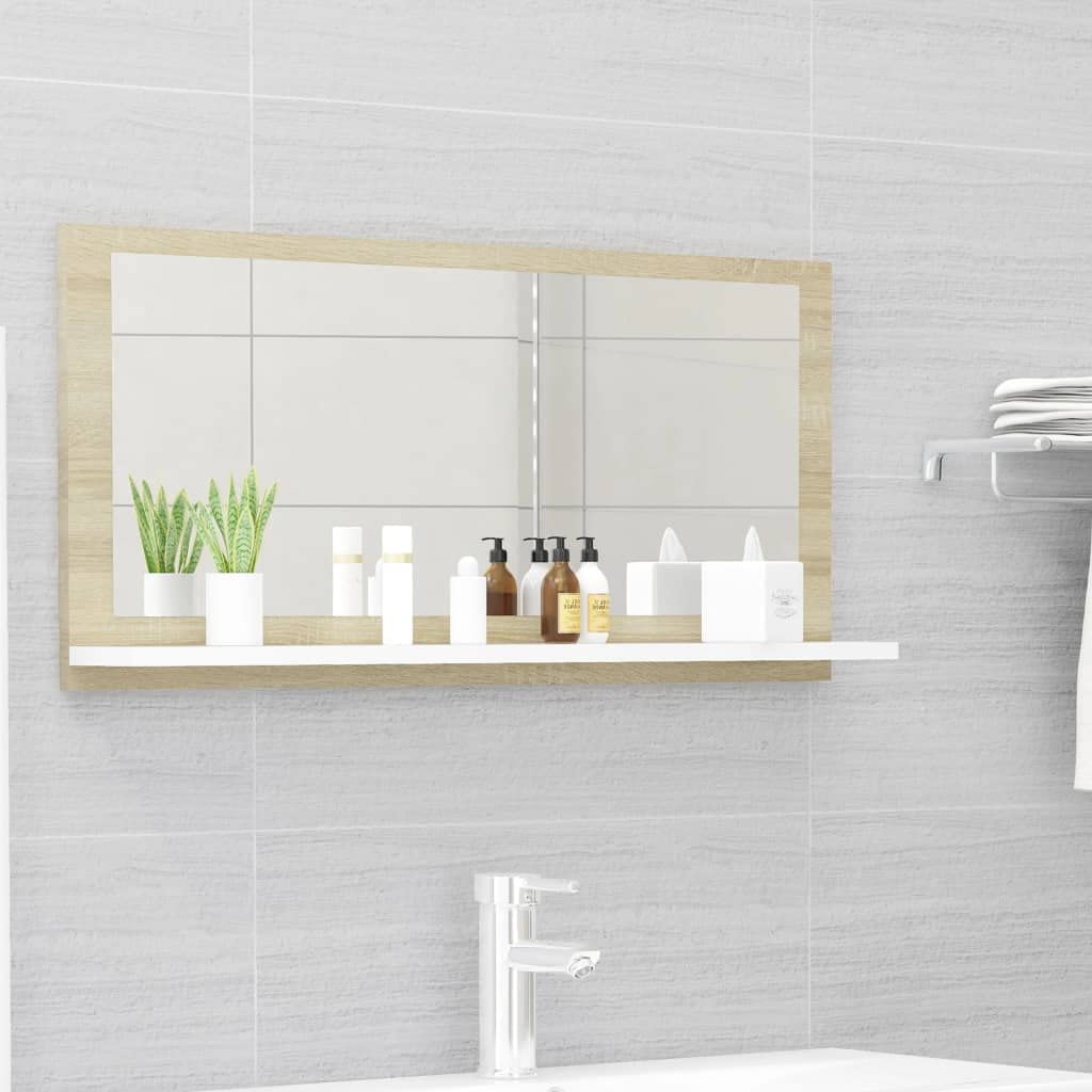 Vidaxl Engineered Wood And Acrylic Bathroom Mirror With Shelf Storage, 31.5&quot;X4.1&quot;X14.6&quot;, White And Sonoma Oak, Modern Style