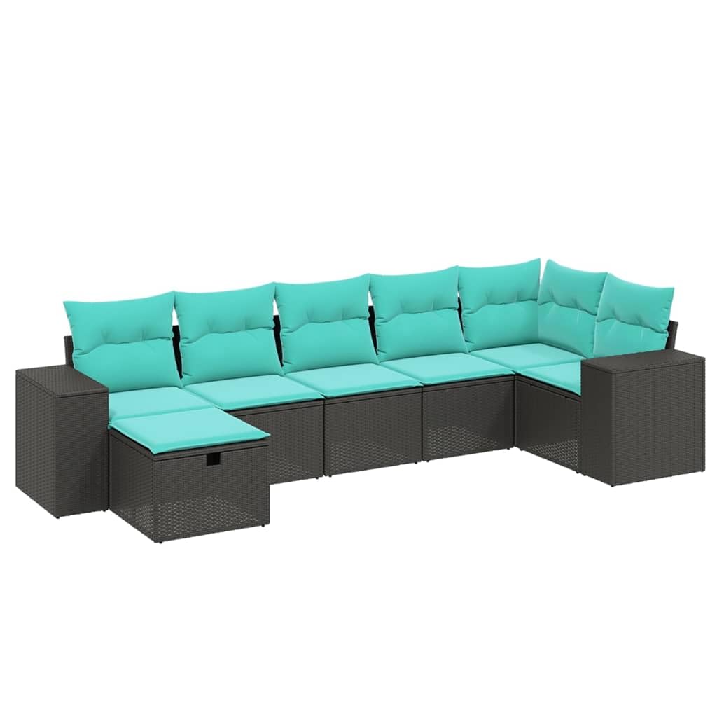 vidaXL Patio Sofa Set 7 Piece Black Poly Rattan with Blue Cushions