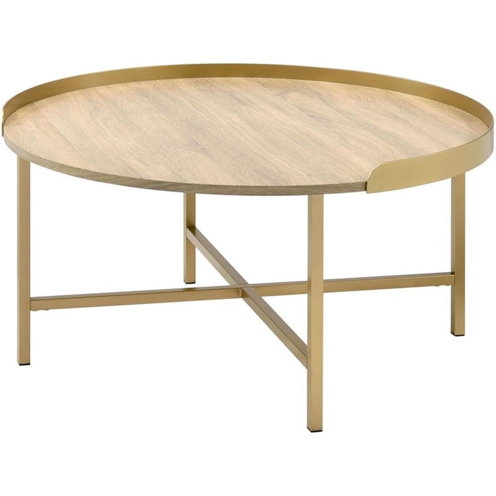 Acme Mithea Round Wooden Coffee Table With Tray Top In Oak And Gold