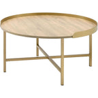 Acme Mithea Round Wooden Coffee Table With Tray Top In Oak And Gold