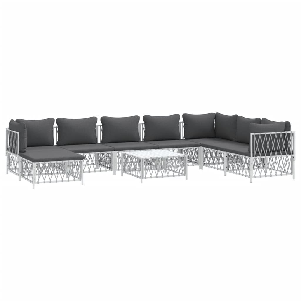 vidaXL 9 Piece White Patio Lounge Set - Stylish Outdoor Sofa Set with Cushions, Powder-Coated Steel Frame, Modular Design, Easy to Assemble, Modern Style, Ideal for Garden, Patio.