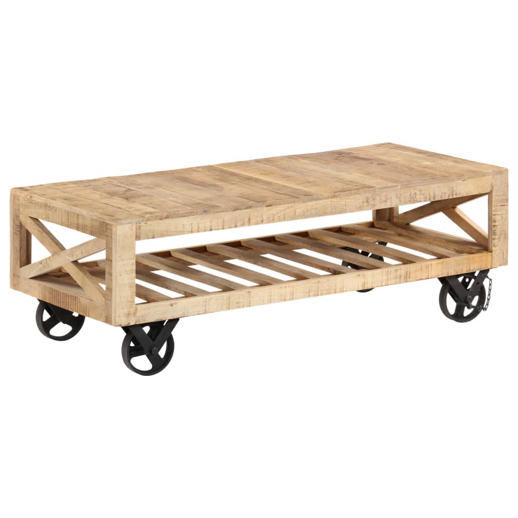 Vidaxl Mango Wood Coffee Table With Wheels - Industrial Style, Solid Wood & Steel, Easy Assembly, Unique Design, Spacious Storage