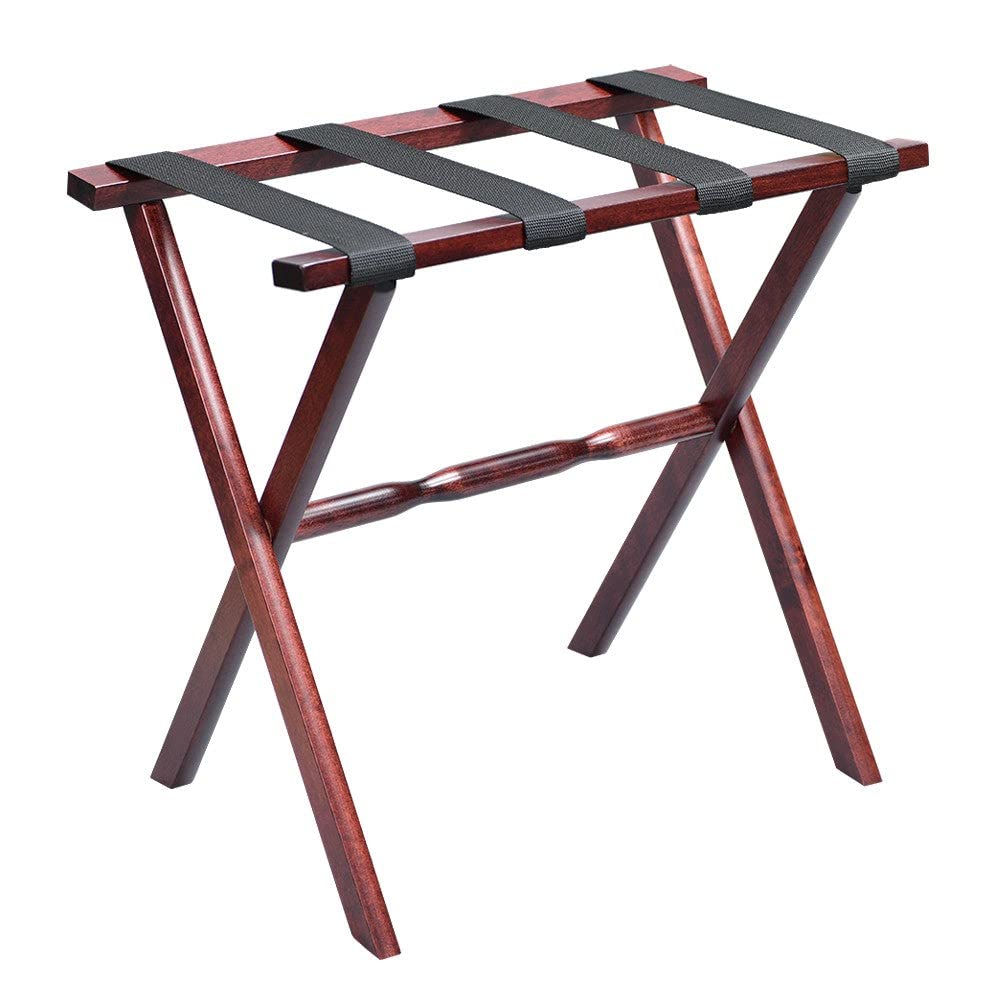 HomeRoots Hotel Cherry Mahogany Folding Luggage Rack with Black Straps