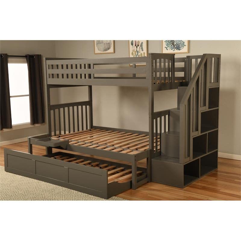 Kodiak Furniture Kelcie Twin/Full Wood Bunk Bed with Trundle and Tray in Dark Gray