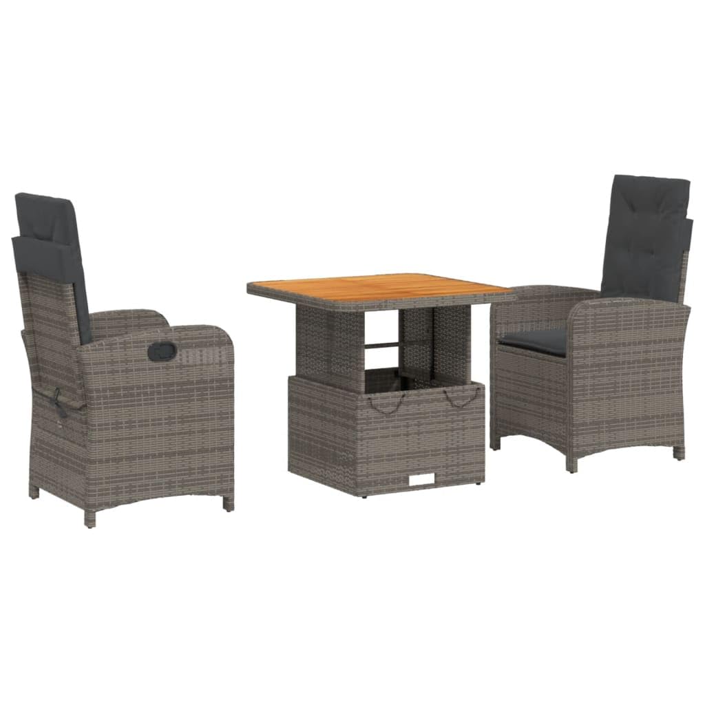 vidaXL - 3 Piece Patio Set - Gray Poly Rattan with Cushions - Reclining Chairs & Lift-Up Dining Table for Patio/Garden/Backyard - Weather-Resistant & Adjustable