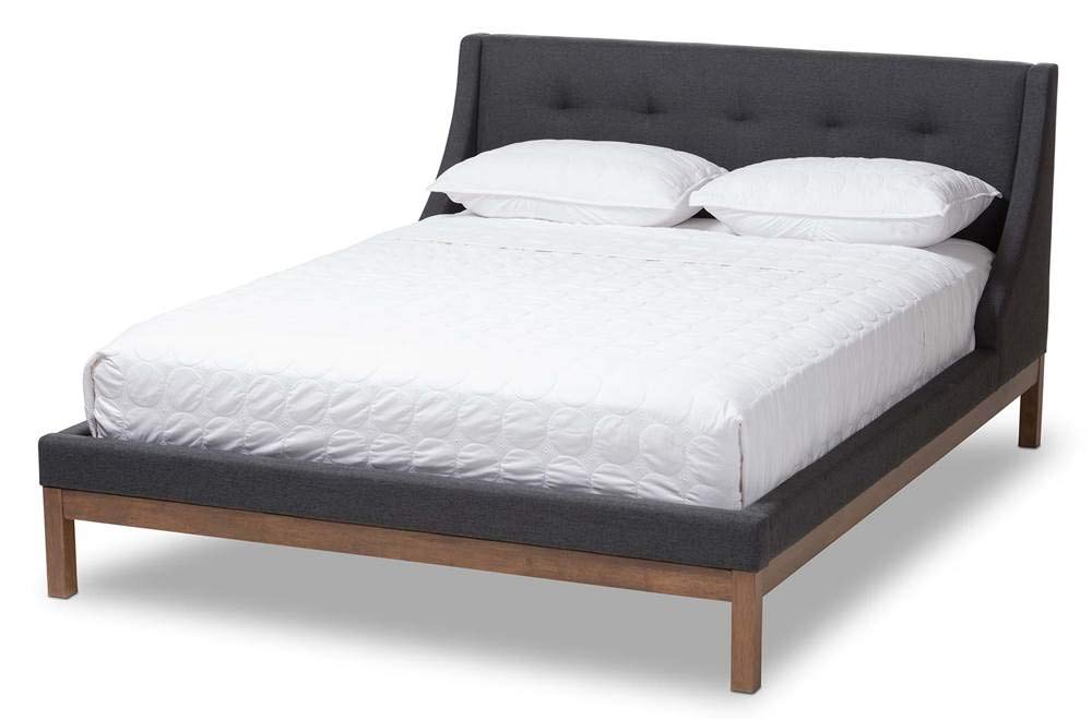 Baxton Studio Louvain Modern and Contemporary Dark Grey Fabric Upholstered Walnut-Finished Queen Sized Platform Bed