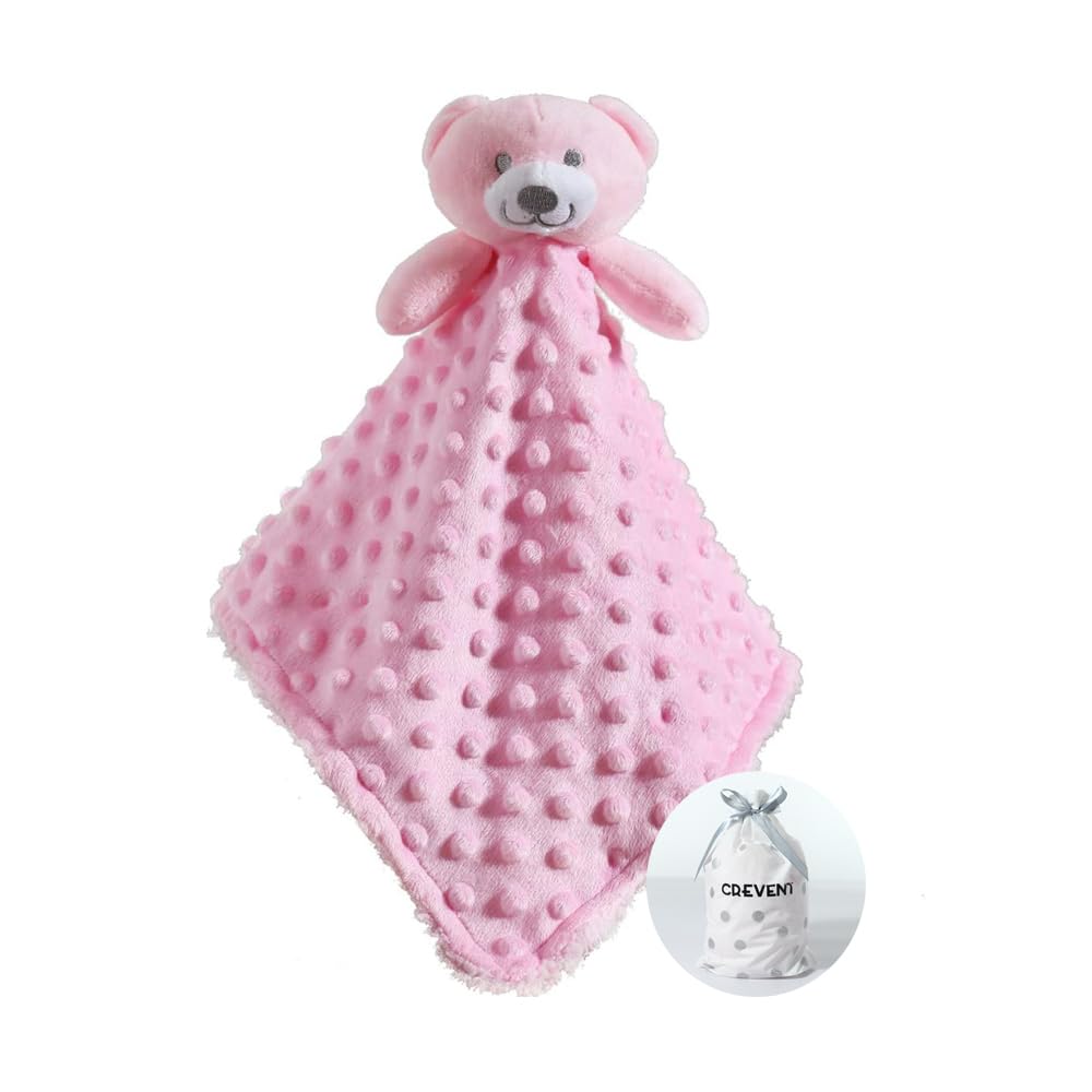 Crevent Baby Comforting Security Blanket Lovey For Newborn Baby Girls Infants, Minky Dot Front + Sherpa Backing With Animal Face