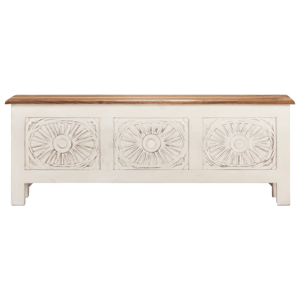 vidaXL Solid Wood Acacia Storage Box with Hand-Carved Patterns - White Wooden TV Cabinet/Sideboard with 1 Cabinet - 43.3&quot;x11.8&quot;x15.7&quot;