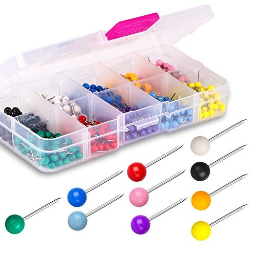 Yalis Push Pins 600-Count Map Tacks Marking Pins 1/8-Inch Plastic Beads Head, 10 Assorted Colors