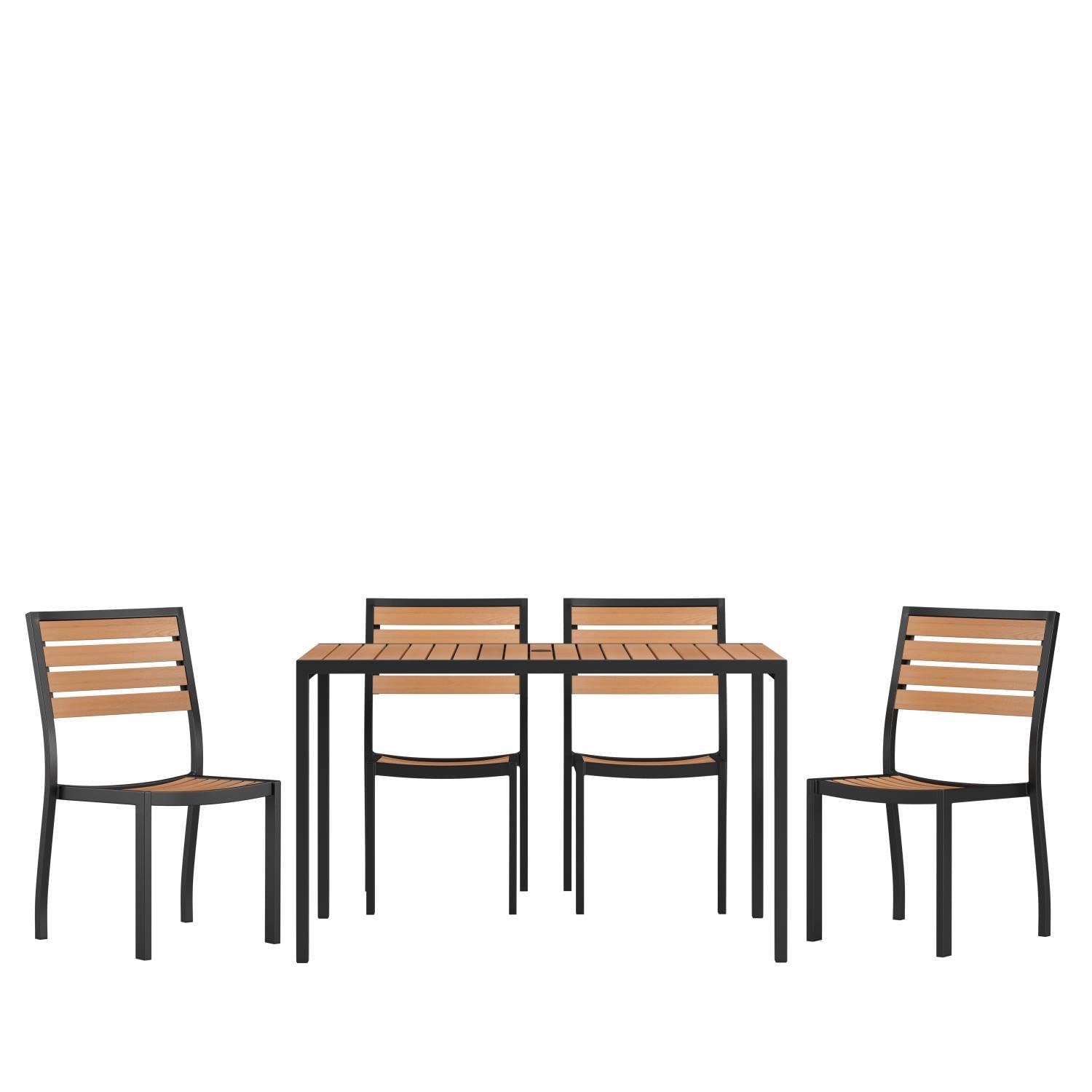 Flash Furniture 5 Piece Patio Table Set - Synthetic Teak Poly Slats - 30&quot; x 48&quot; Steel Framed Table with 4 Faux Teak Chairs