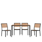 Flash Furniture 5 Piece Patio Table Set - Synthetic Teak Poly Slats - 30" x 48" Steel Framed Table with 4 Faux Teak Chairs