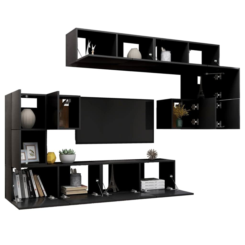 vidaXL TV Cabinet Set 8 Piece Home Indoor Living Room Hanging Wall-Mounted Stereo Plasma HiFi Cabinet TV Unit Furniture Black Engineered Wood