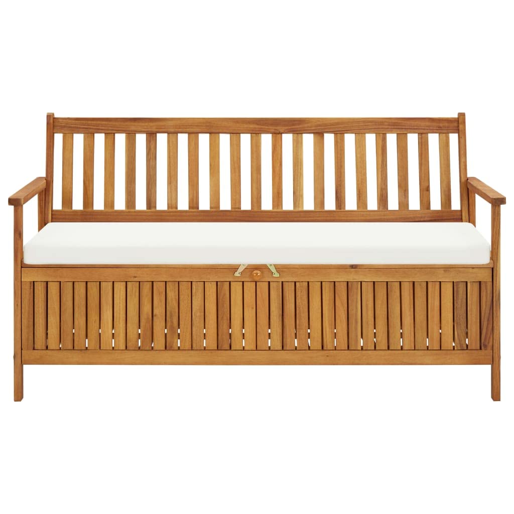 vidaXL Solid Acacia Wood Storage Bench with Cushion - Indoor/Outdoor, Natural Finish, Ample Storage Space, Easy Assembly, Brown and White, 58.2&quot;