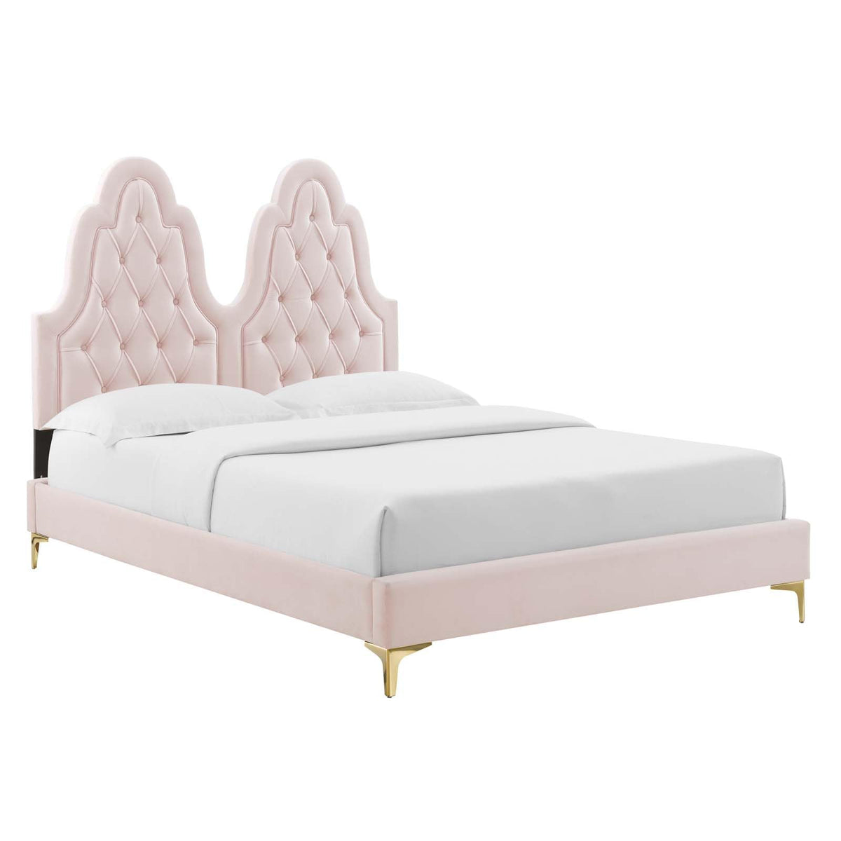 Modway Alexandria Tufted Performance Velvet Platform Bed with Gold Legs, Twin, Pink