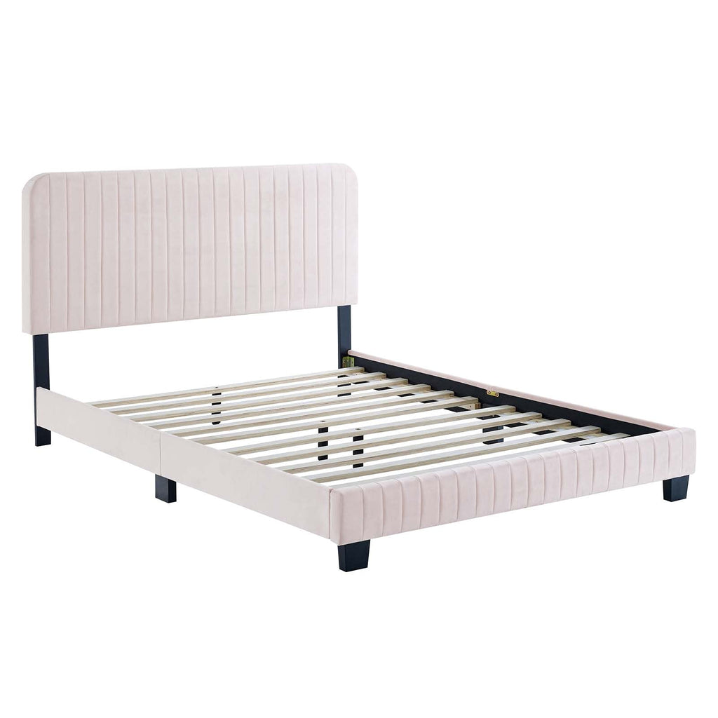 Modway Celine Channel Tufted Performance Velvet King Platform Bed in Pink