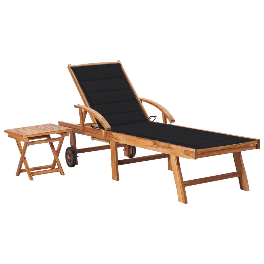 vidaXL Teak Wood Sun Lounger with Table and Adjustable Features - Outdoor Wooden Recliner with Comfortable Black Cushion and Handy Pull-Out Side Table for Patio, Garden, Relaxation