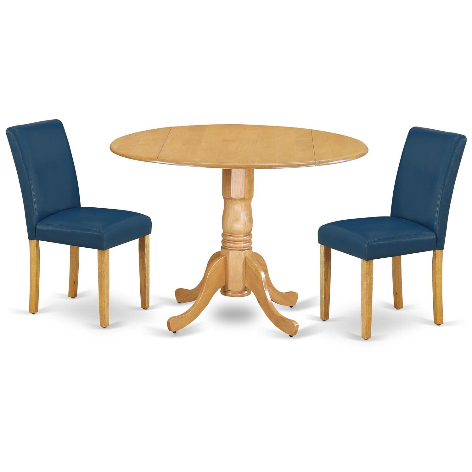 East West Furniture Dlab3-Oak-55 3 Piece Kitchen Table Set Contains A Round Dining Table With Dropleaf And 2 Oasis Blue Faux Leather Upholstered Chairs, 42X42 Inch, Oak