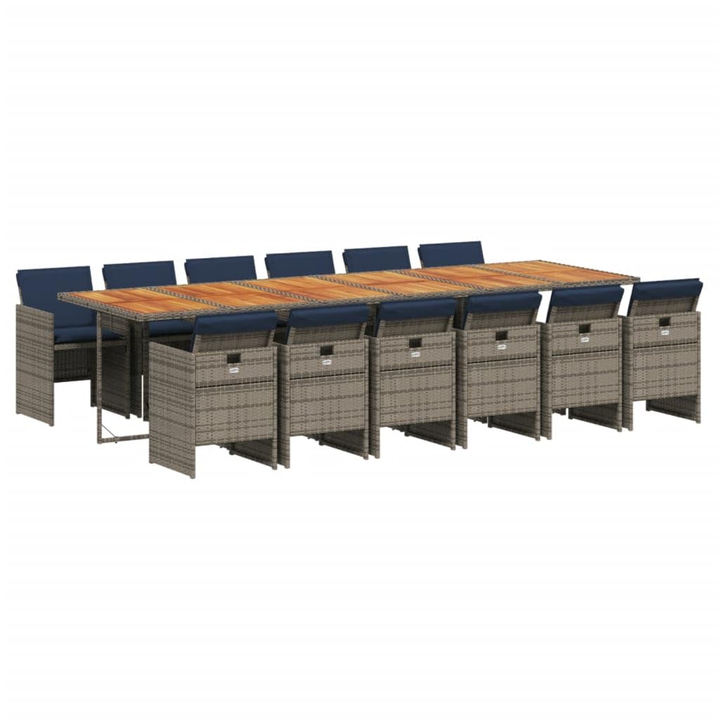 vidaXL Patio Dining Set - 13 Piece Poly Rattan Garden Furniture with Removable Cushions, Space-Saving Design, Easy-to-Clean Acacia Wood Table, Gray/Navy Blue