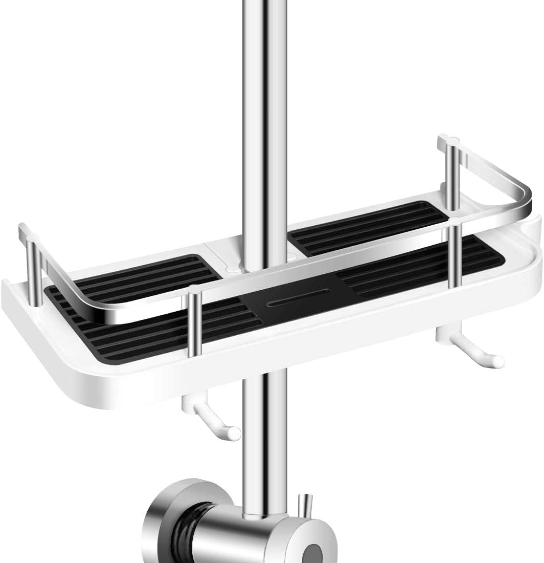 JIGVA Punch Free Hanging Shower Organizer for Shower Rod, Adjustable White Square Shower Shelf Bath Caddy Storage Rack for Shamp