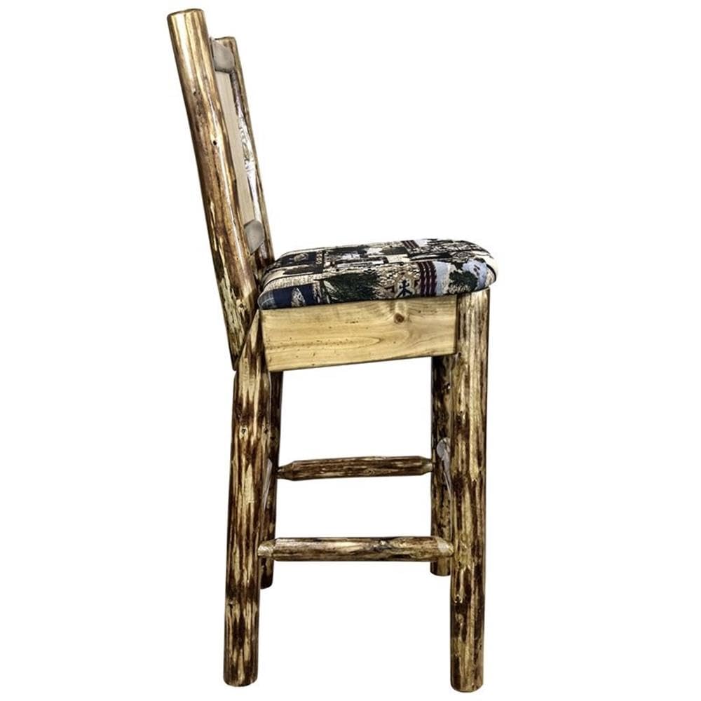 Montana Woodworks Glacier Country Collection Counter Height Barstool with Upholstered Seat, Woodland Pattern, Laser Engraved Bear Design, Stained & Lacquered