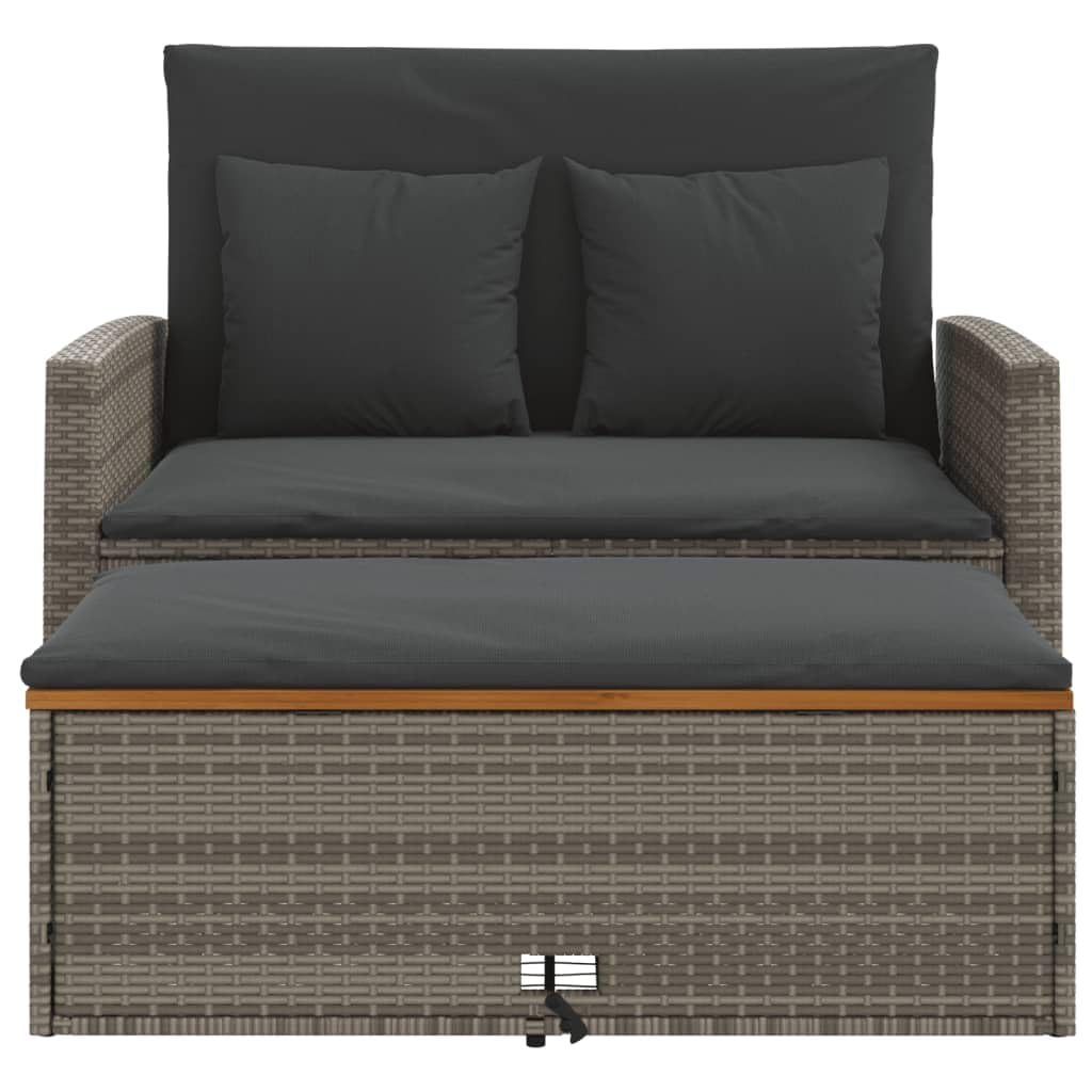 vidaXL Patio Sofa/2-Seater Outdoor Bench & Sofa Bed with Cushions - Gray Poly Rattan & Acacia Wood, Garden/Deck Furniture