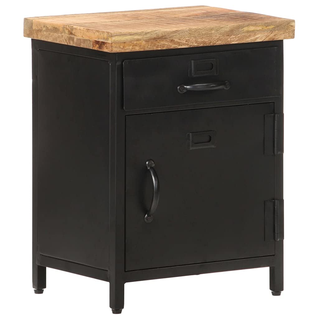 vidaXL Industrial Style Bedside Cabinet - Rough Mango Wood Construction, Unique Wood Grains, Ample Storage, Steel and Iron Base.