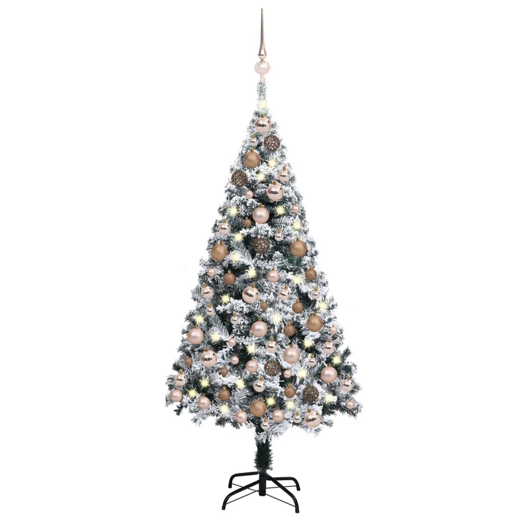 Vidaxl Artificial Pre-Lit Christmas Tree - Green Pvc With Ball Set, 150 Led Lights, Flocked Snow, 59.1&quot; Height, 37.4&quot; Diameter, Complete Xmas Decoration