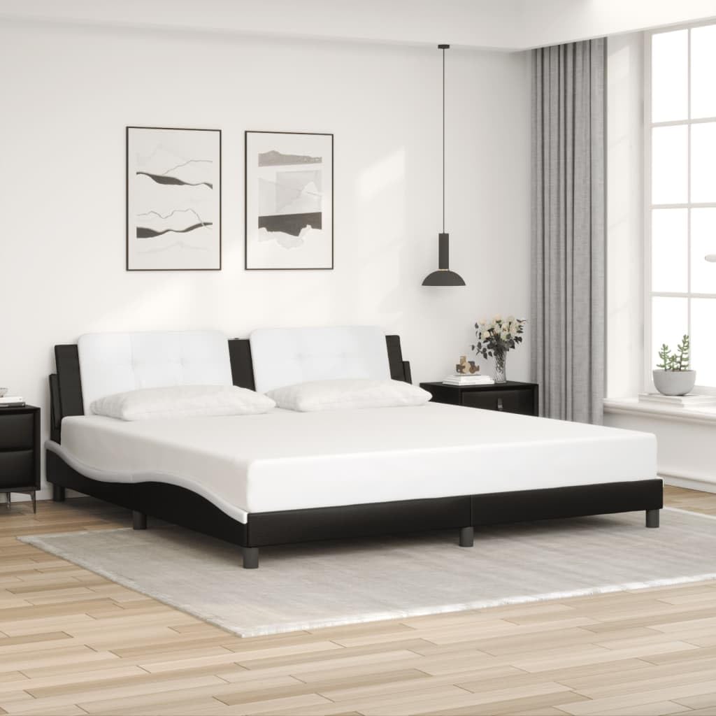 vidaXL King Size Bed Frame with Headboard - Black & White Faux Leather, Modern Waved Design, Plywood Slats, Foam Cushioned