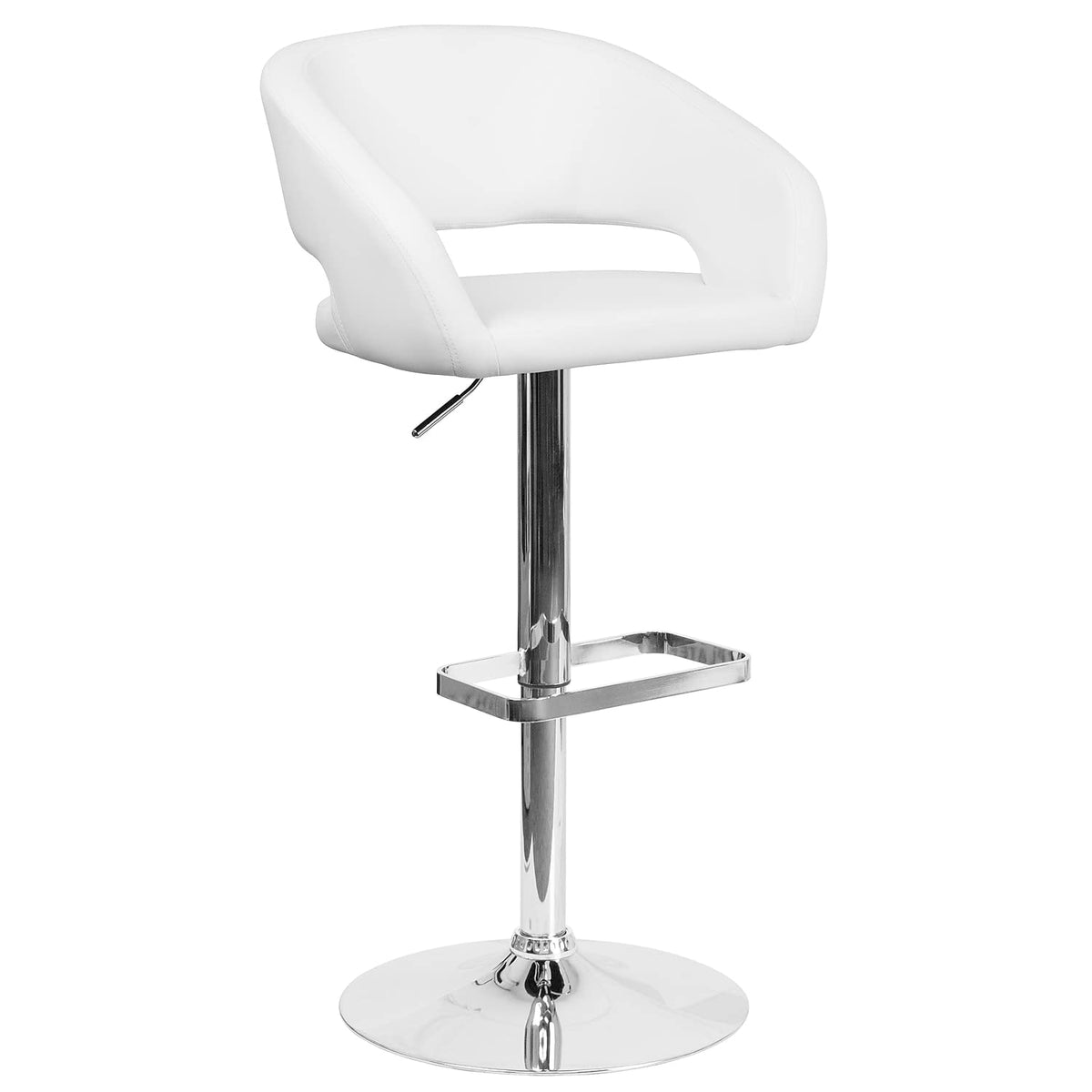 Flash Furniture Erik Contemporary Adjustable Height Barstool with Footrest and Rounded Mid-Back, Upholstered Bar or Counter Height Stool, White/Chrome