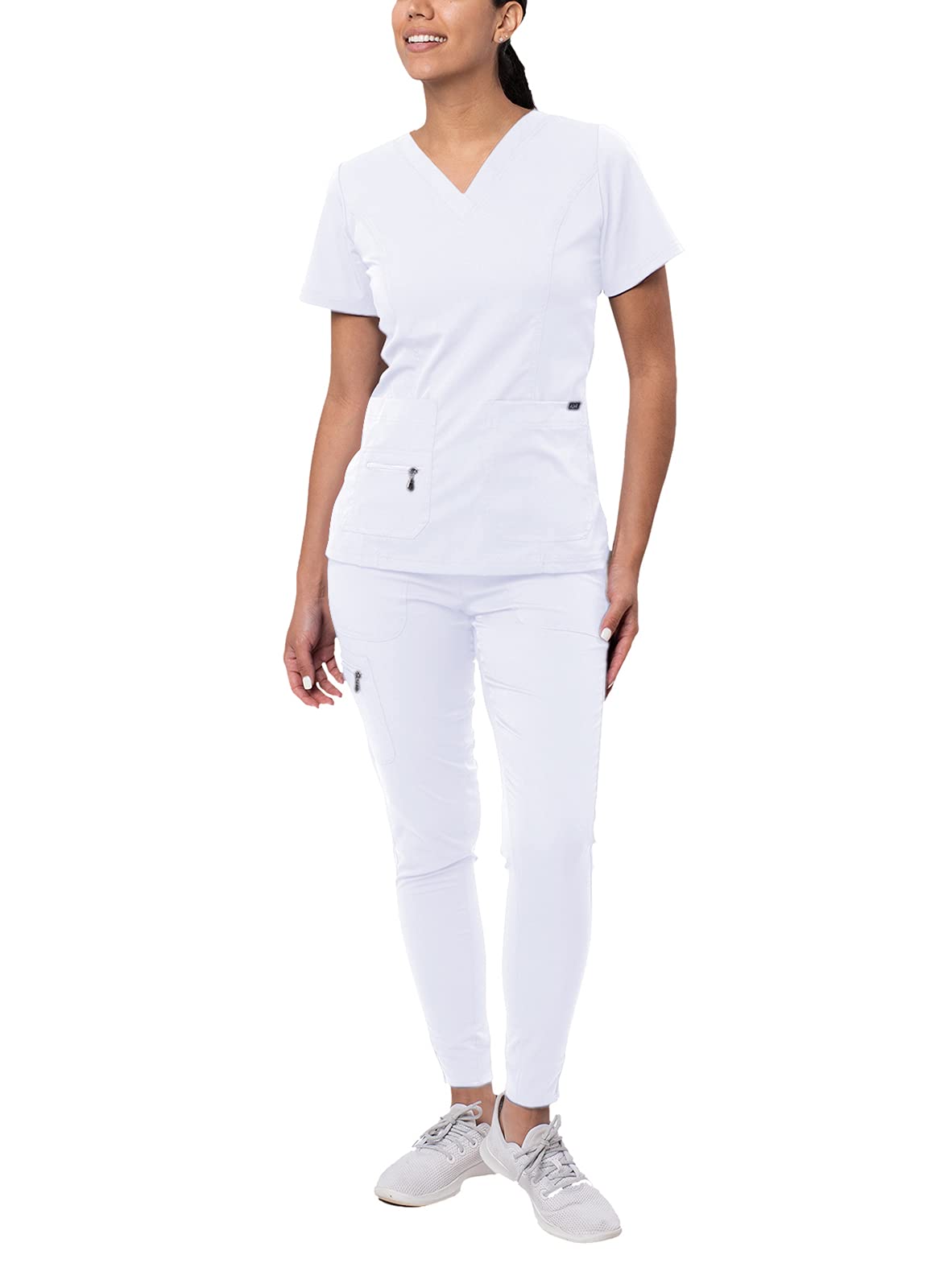 Adar Pro Flawless Plus Scrub Set For Women - Elevated V-Neck Top  Jogger Scrub Pants - P9600 - White - Xs