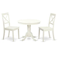 East West Furniture ANBO3-LWH-W 3 Piece Kitchen Table & Chairs Set Contains a Round Dining Room Table with Pedestal and 2 Solid Wood Seat Chairs, 36x36 Inch, Linen White