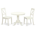East West Furniture ANBO3-LWH-W 3 Piece Kitchen Table & Chairs Set Contains a Round Dining Room Table with Pedestal and 2 Solid Wood Seat Chairs, 36x36 Inch, Linen White