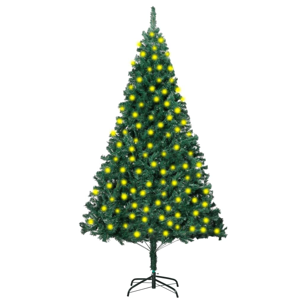 vidaXL 82.7&quot; Green Artificial Christmas Tree with LEDs - Realistic, Extra Thick Branches, Metal Stand Included, Energy-Efficient