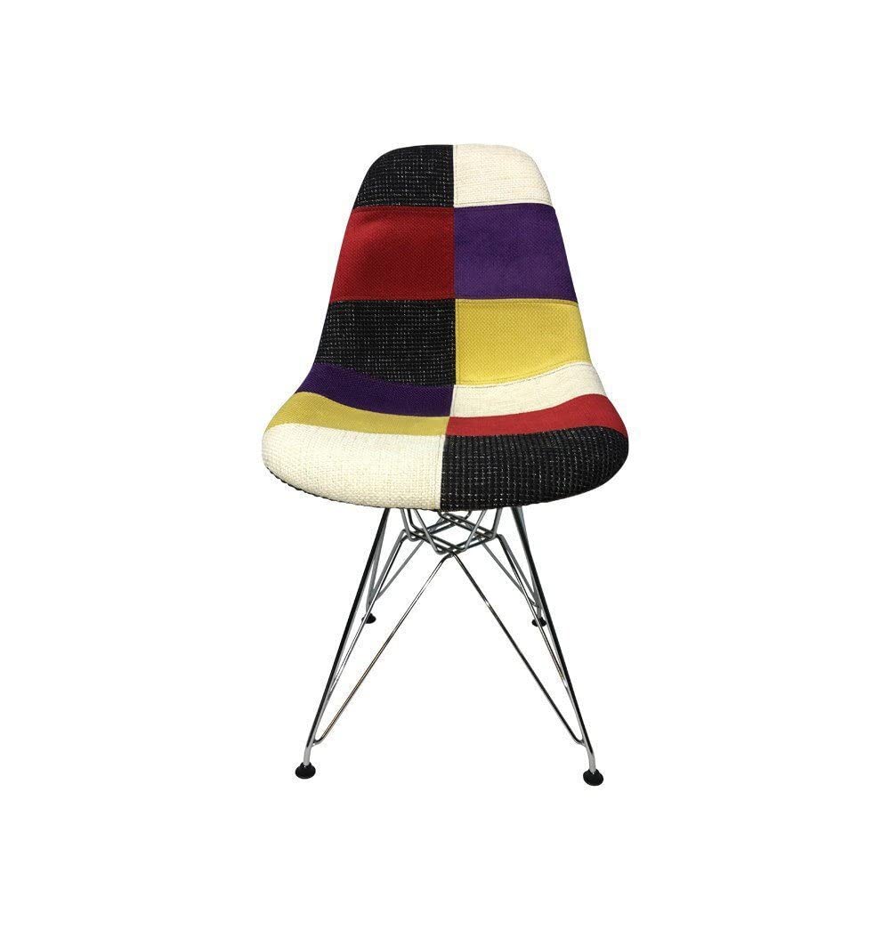 GFURN DSR Eiffel Dining Chair, Patchwork C Fabric, Chrome/Black Wire Metal Eiffel Legs