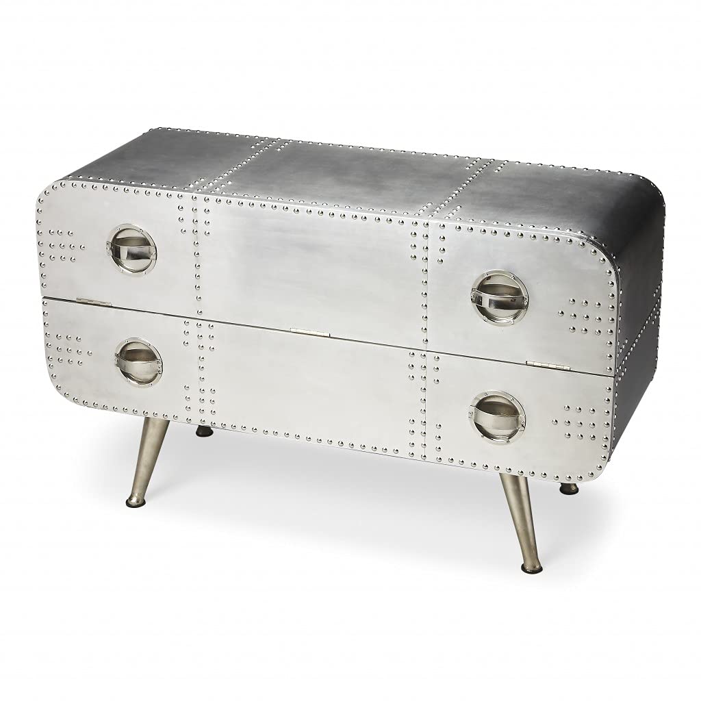 HomeRoots Silver Aluminum, Steel, MDF, Wood Solids Midway Aviator Console Chest