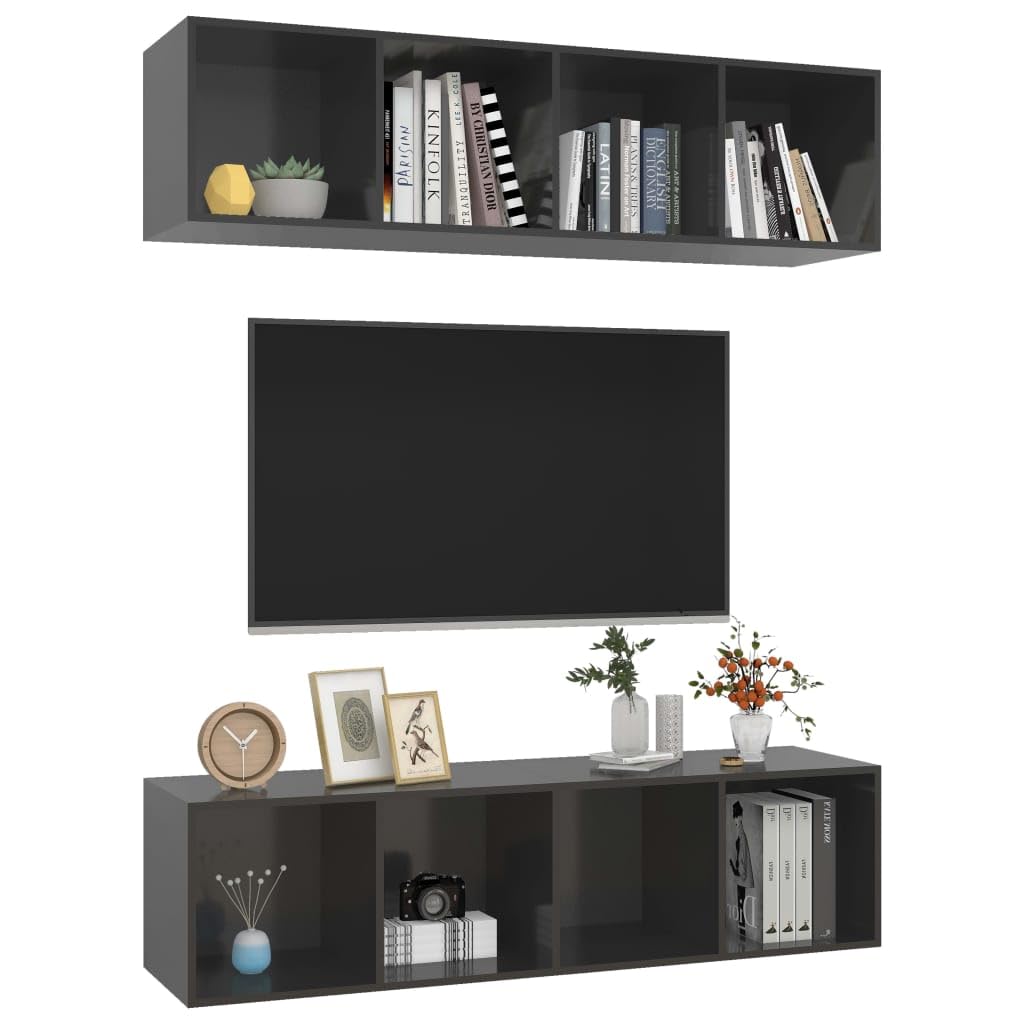 vidaXL High Gloss Gray Engineered Wood Wall-Mounted TV Stands with 4 Compartments - Modern and Versatile Design Ideal for Home Decor