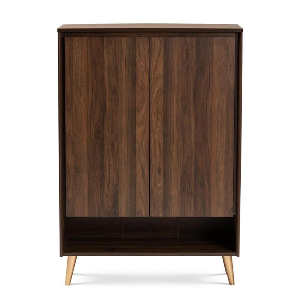 Baxton Studio Landen Mid-Century Modern Walnut Brown and Gold Finished Wood 2-Door Entryway Shoe Storage Cabinet