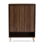 Baxton Studio Landen Mid-Century Modern Walnut Brown and Gold Finished Wood 2-Door Entryway Shoe Storage Cabinet