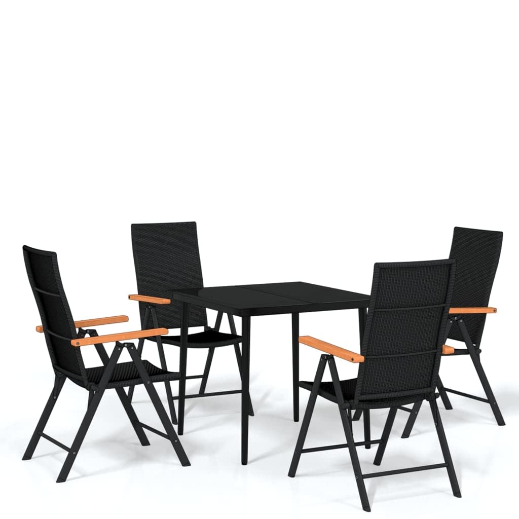 vidaXL 5-Piece Patio Dining Set in Black, Powder-Coated Steel Frame, PE Rattan Chairs with Adjustable Backrests, Outdoor Dining Furniture