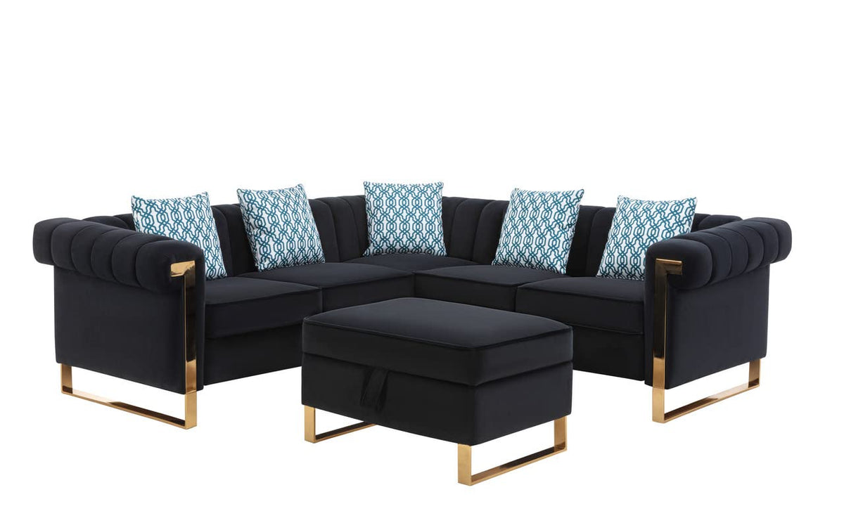 Lilola Home Maddie Black Velvet 5-Seater Sectional Sofa with Storage Ottoman