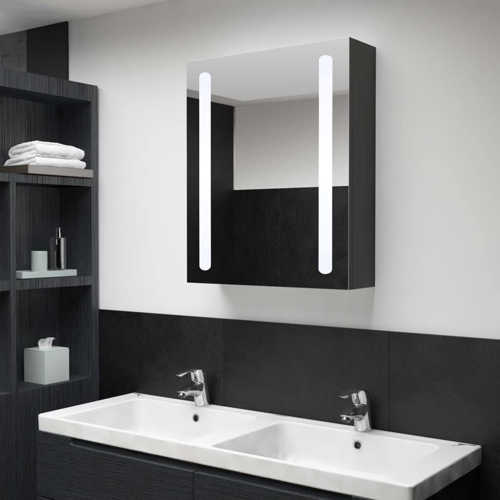 vidaXL LED Bathroom Mirror Cabinet with Energy-Efficient Light Strips, Modern Design, Durable MDF Construction, 3 Shelves, Anthracite Color, 19.7x5.1x27.6 Dimensions